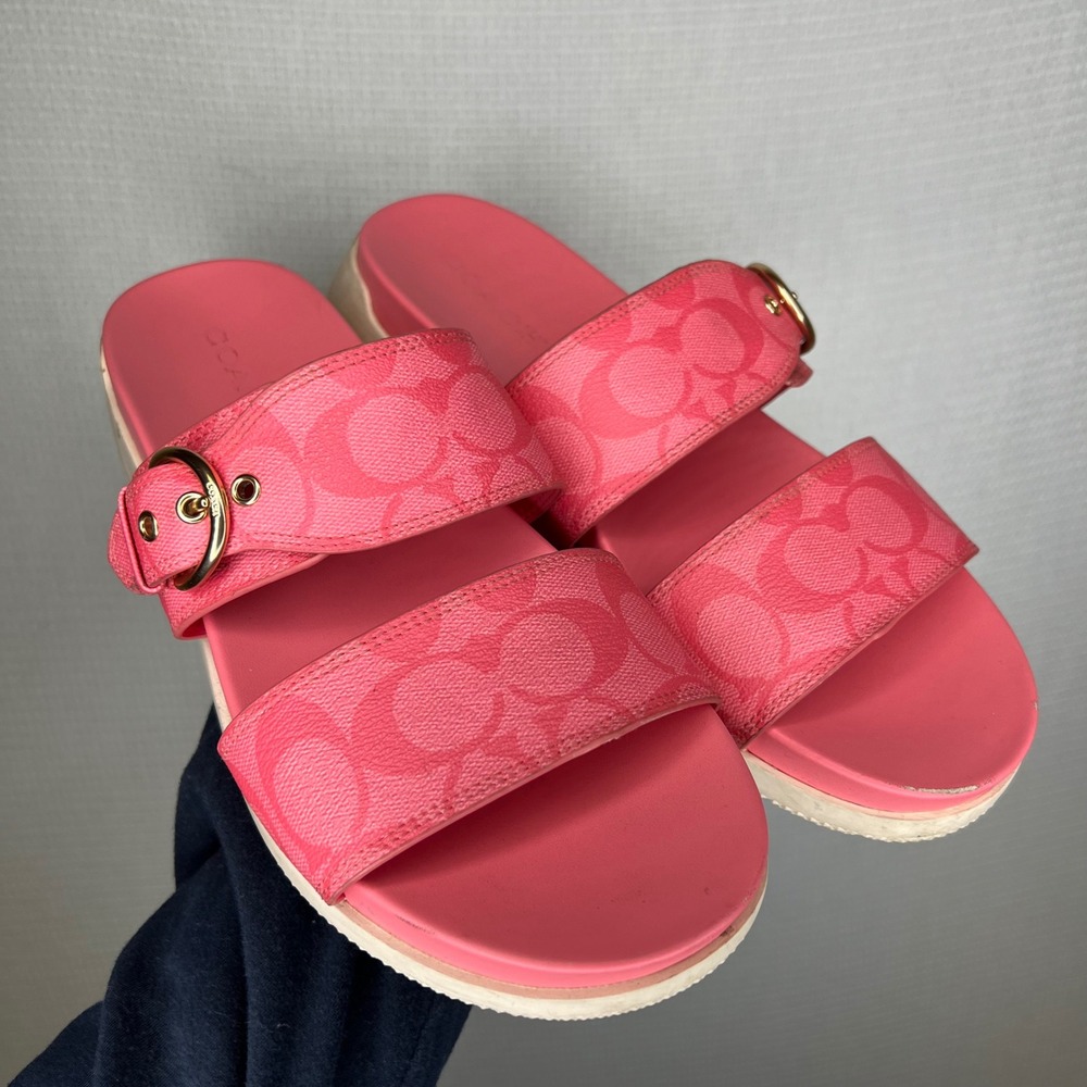 Coach Signature Gwen Slide Sandals Pink Double Strap Buckle Platform Women's 11B